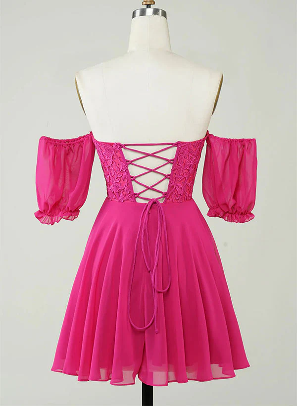 Hot Pink Sweetheart Short Sleeves Homecoming Dresses With Appliques Lace - Image 5