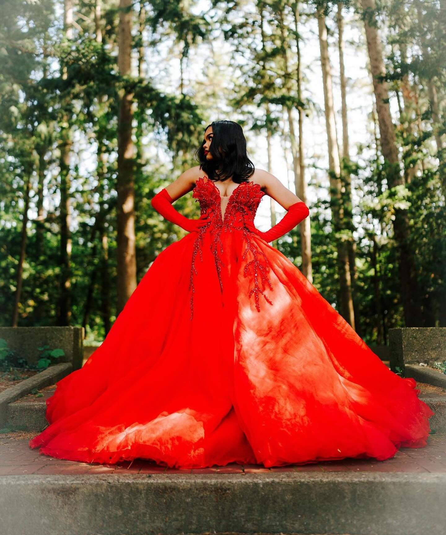 Hot Red Sweetheart Tulle Appliques V-neck Puffy Ball Prom Dress - Image 2