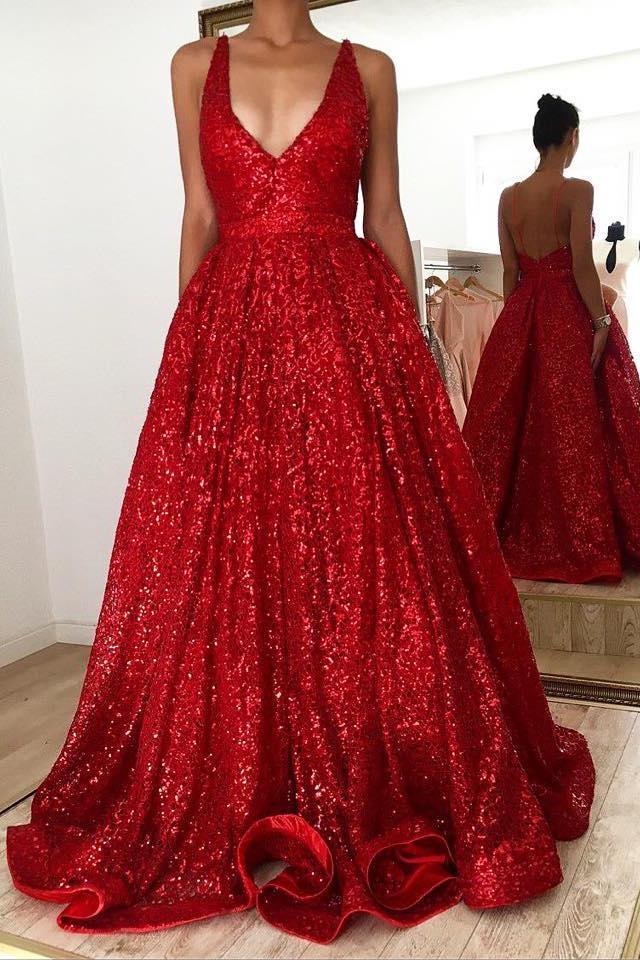Hot Ruby backless Shining Sequin V-neck Ball Gown Evening Gowns On Sale - Image 2