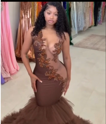 Hot See-through Sleeveless Mermaid Ruffles Flowers Beaded Prom Dresses - Image 2