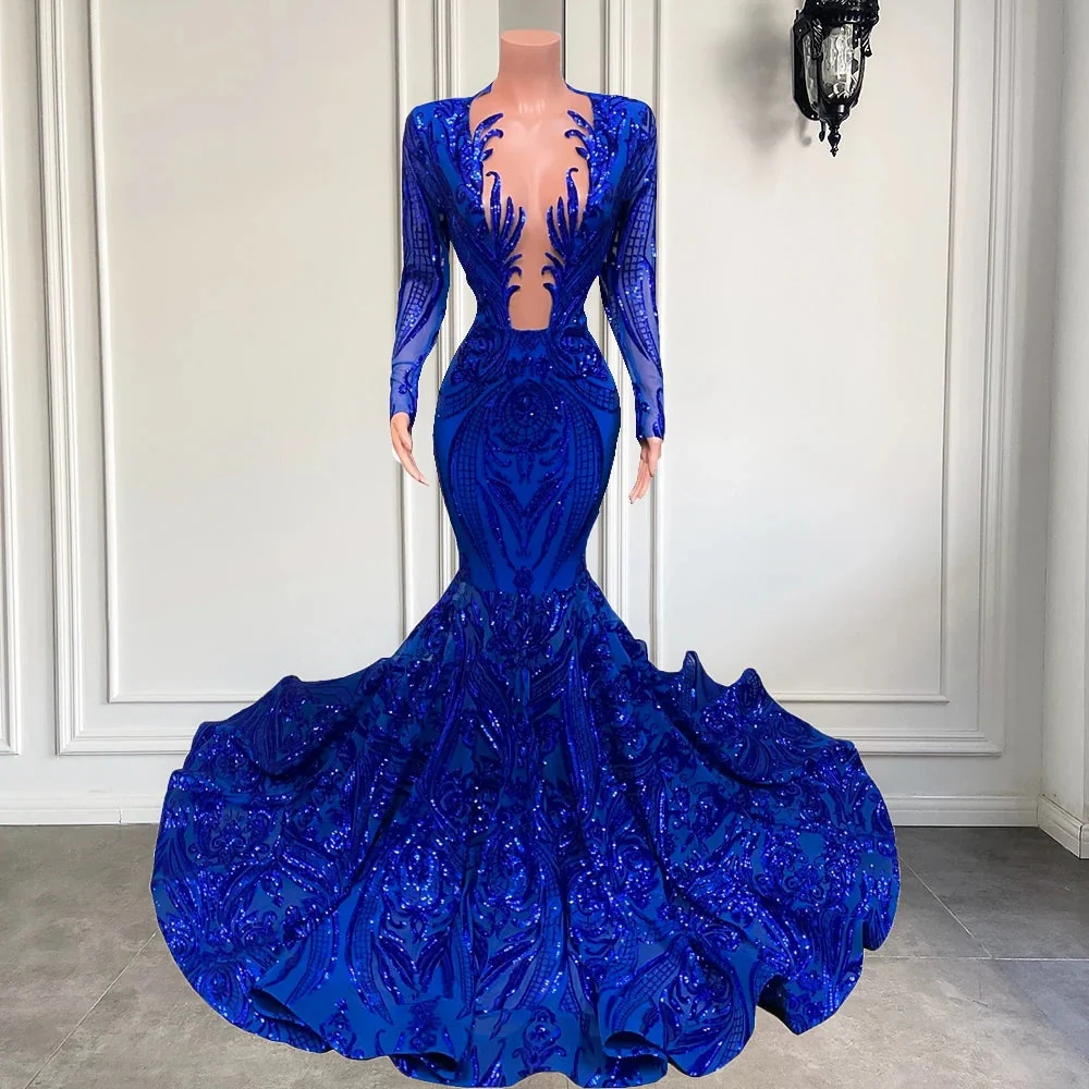 Hot Sparkle Royal Blue Sequin Long sleeves Mermaid Prom Dresses - Image 2