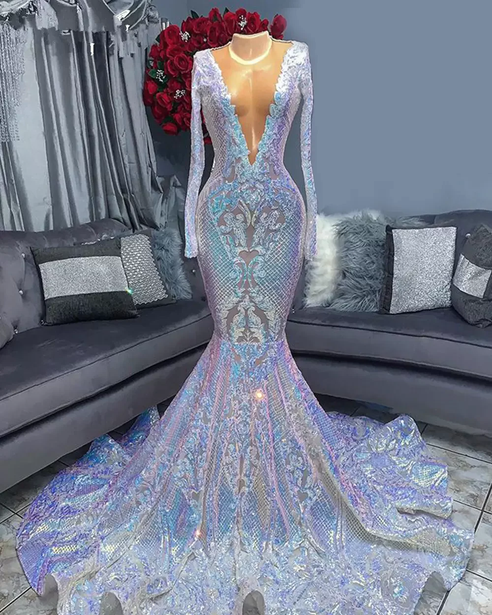 Hot Sparkle Sequin V neck Long sleeves Mermaid Prom Dresses - Image 2