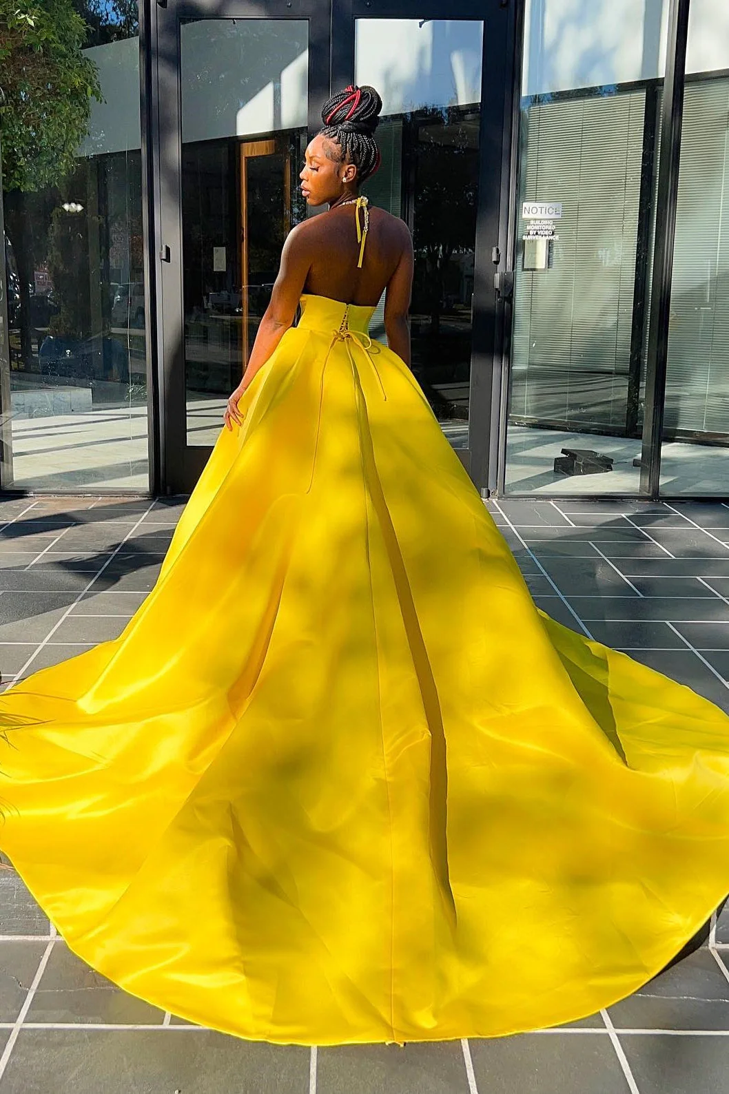 Hot Yellow Halter Open Back Beads Side Slit Ball Gown Prom Dress - Image 2