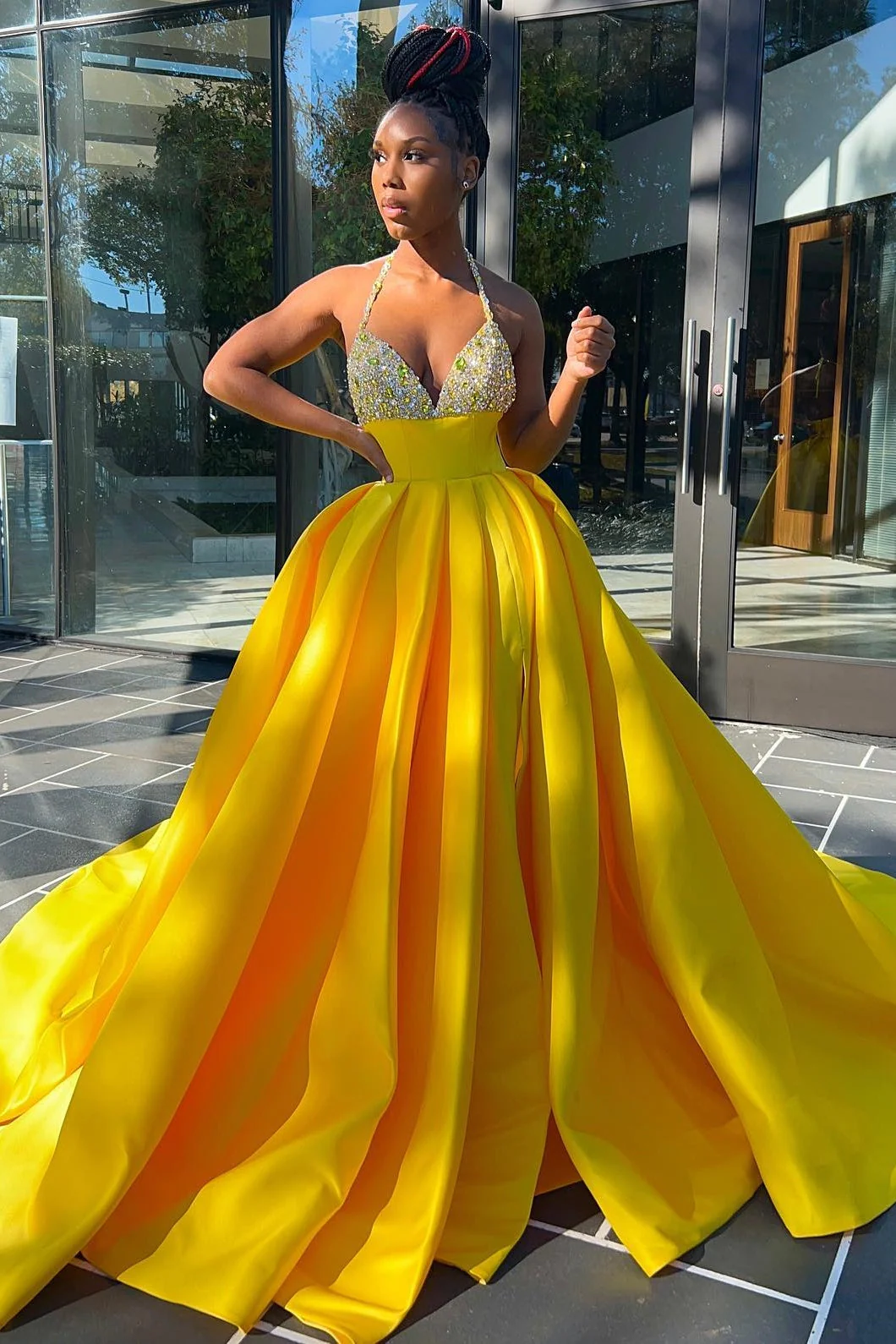 Hot Yellow Halter Open Back Beads Side Slit Ball Gown Prom Dress - Image 3