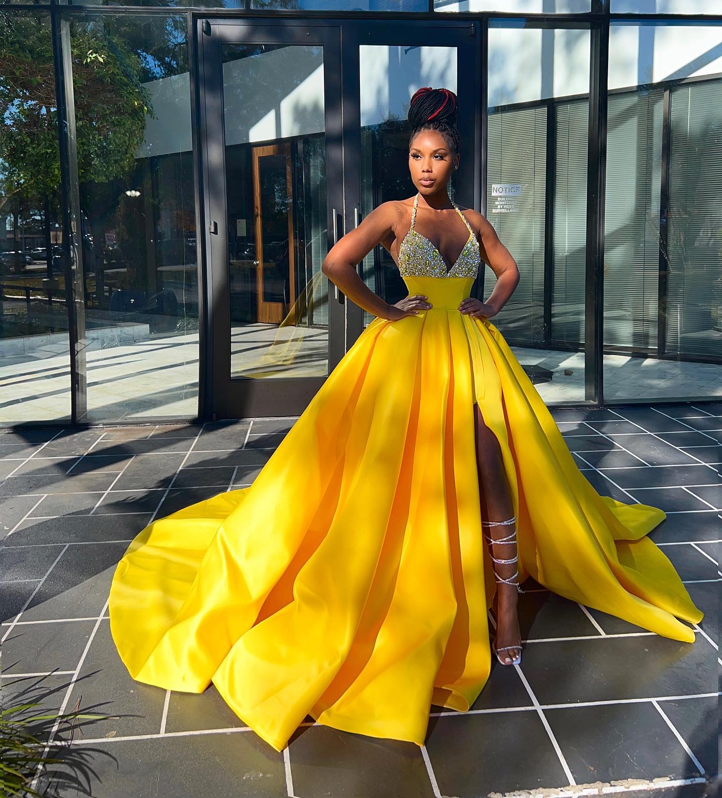 Hot Yellow Halter Open Back Beads Side Slit Ball Gown Prom Dress - Image 4