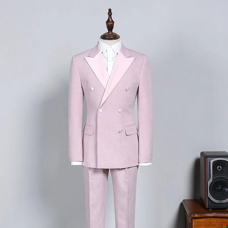 Classy Pink Peaked Lapel Double Breasted Custom Prom Suit - Image 2