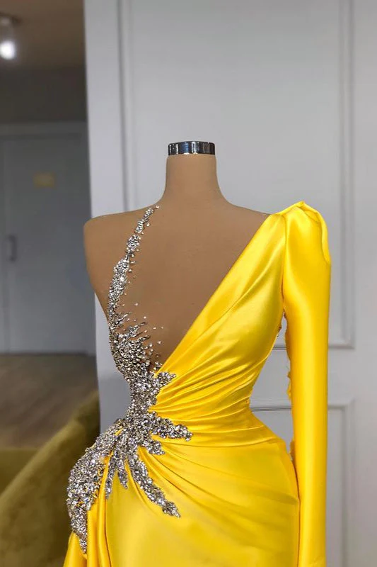 Illusion neck Bright Yellow One shoulder Bubble Sleeves Prom Dress - Image 2