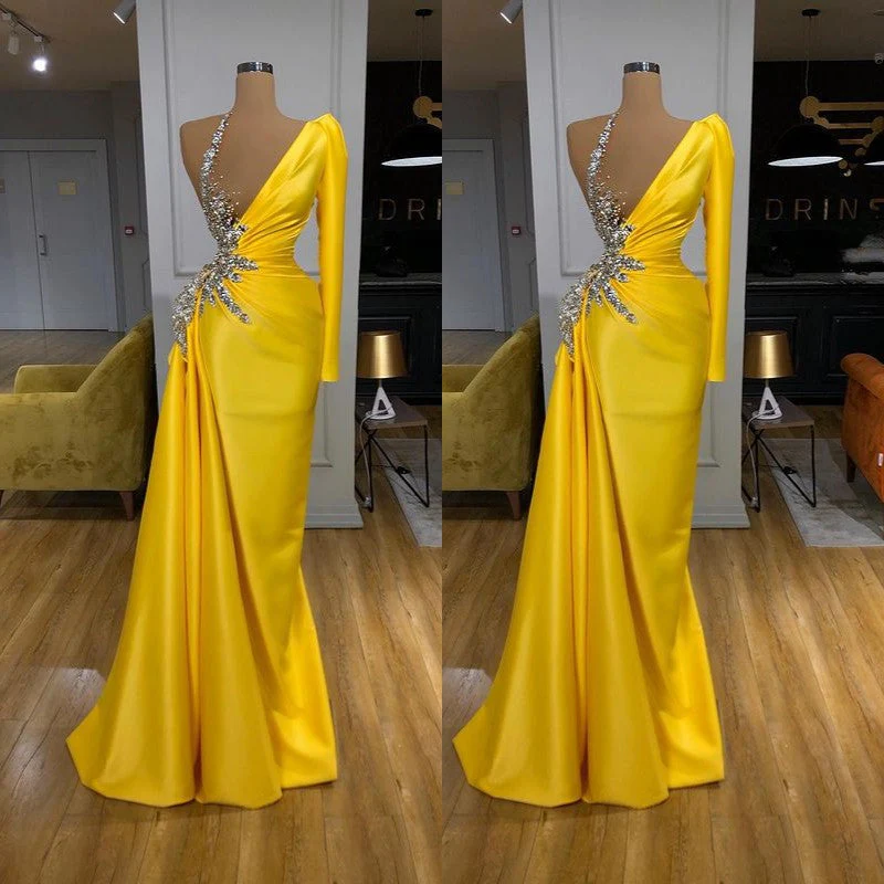 Illusion neck Bright Yellow One shoulder Bubble Sleeves Prom Dress - Image 3