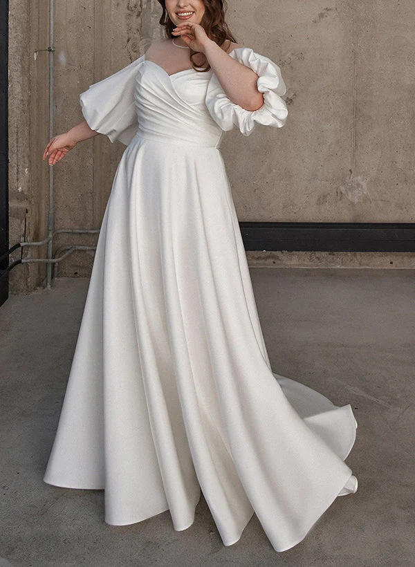 Illusion Neck Chic A-line Satin Wedding Dress Half Sleeves Sweep Train - Image 2