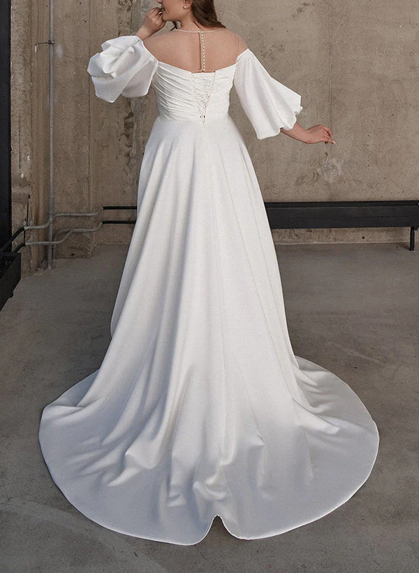 Illusion Neck Chic A-line Satin Wedding Dress Half Sleeves Sweep Train - Image 3