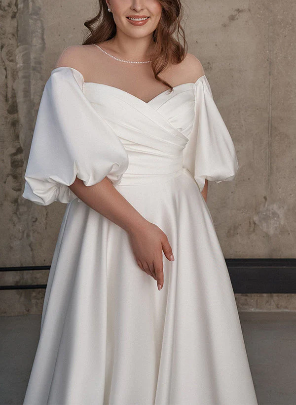 Illusion Neck Chic A-line Satin Wedding Dress Half Sleeves Sweep Train - Image 4