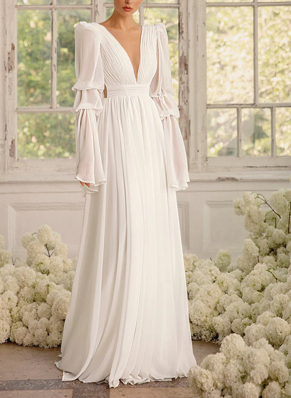 Illusion Neck Long Sleeves Chic A-line Chiffon Elegant Wedding Dresses Pleated - Image 2