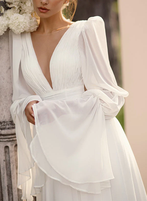 Illusion Neck Long Sleeves Chic A-line Chiffon Elegant Wedding Dresses Pleated - Image 3