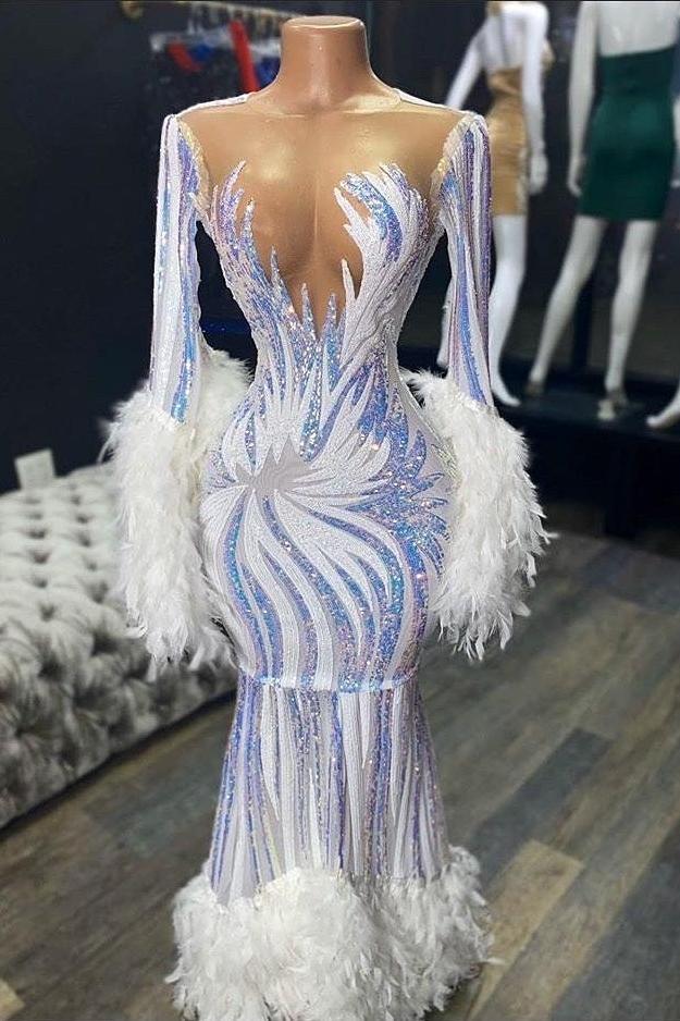Illusion neck Long Sleeves Luxurious Fur Sequin Mermaid Prom Party Gowns - Image 2