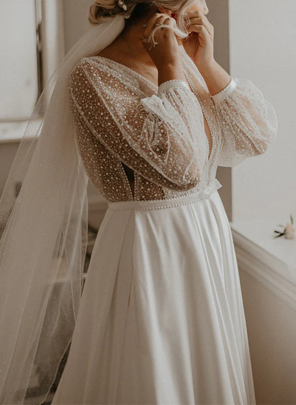 Illusion Neck Plus Size Chic A-line Lace Sweep Train Long Sleeves Wedding Dresses - Image 2