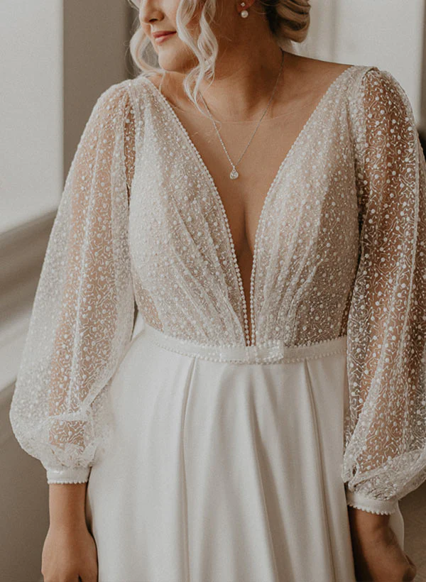 Illusion Neck Plus Size Chic A-line Lace Sweep Train Long Sleeves Wedding Dresses - Image 3