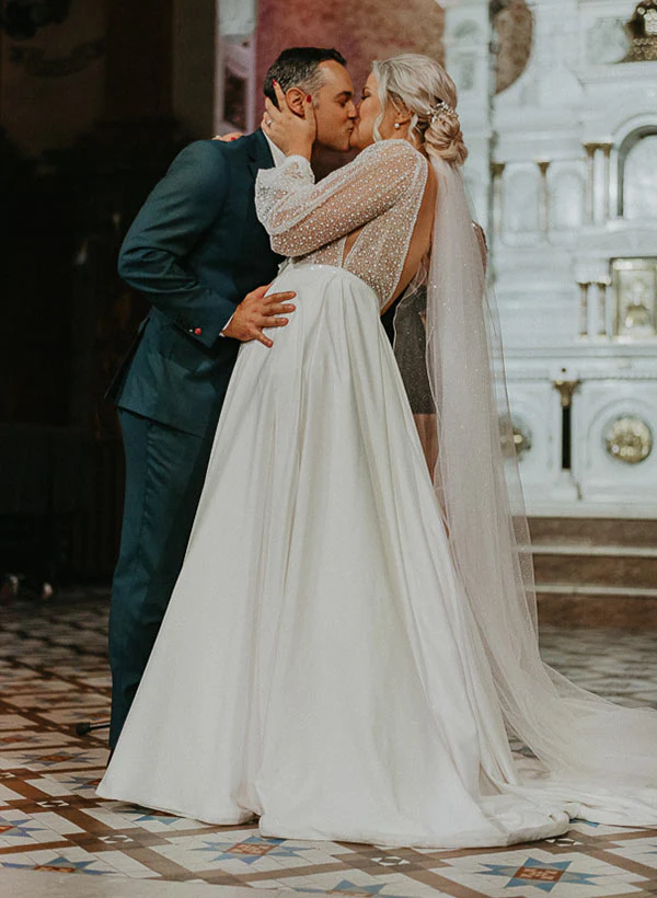 Illusion Neck Plus Size Chic A-line Lace Sweep Train Long Sleeves Wedding Dresses - Image 5