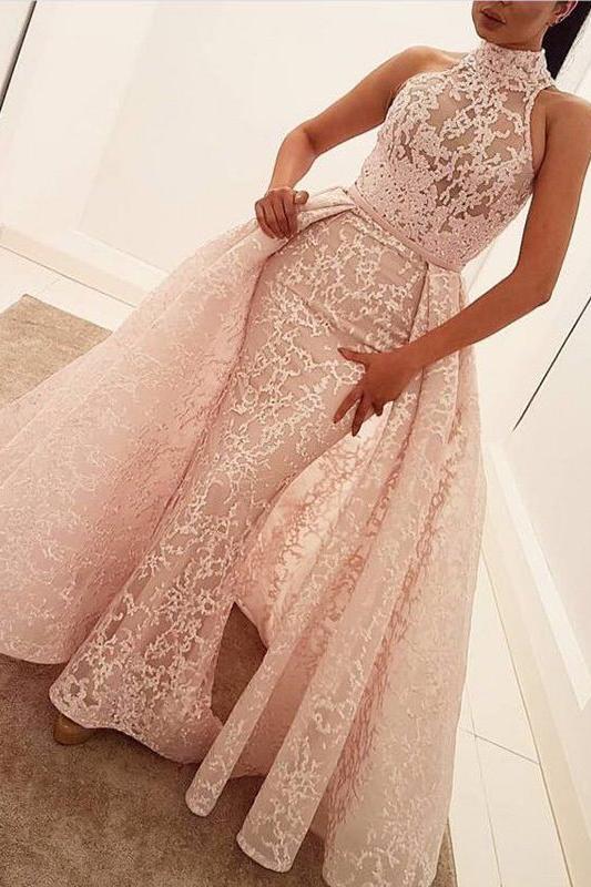 Illusion Puffy Overskirt Column High Neck Sleeveless Lace Gorgeous Evening Dress - Image 2