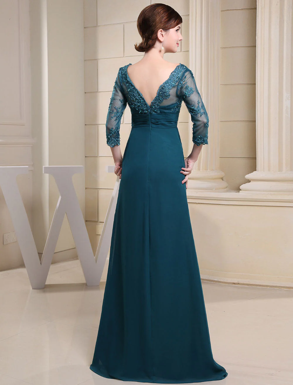 Glamorous Ink Blue Evening Dress Lace Applique Beading V Neck Half Sleeves A Line Wedding Party Dress - Image 4