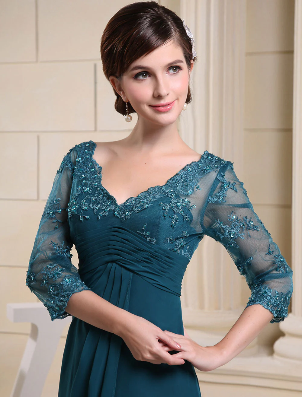 Glamorous Ink Blue Evening Dress Lace Applique Beading V Neck Half Sleeves A Line Wedding Party Dress - Image 5