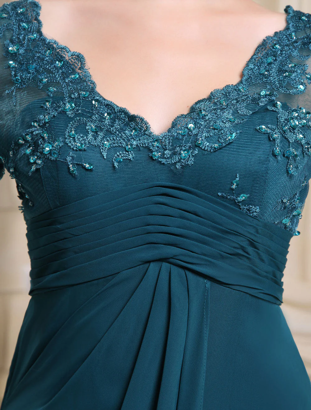 Glamorous Ink Blue Evening Dress Lace Applique Beading V Neck Half Sleeves A Line Wedding Party Dress - Image 6