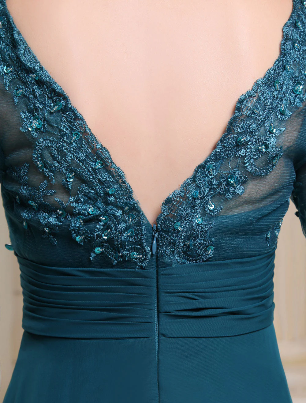 Glamorous Ink Blue Evening Dress Lace Applique Beading V Neck Half Sleeves A Line Wedding Party Dress - Image 7