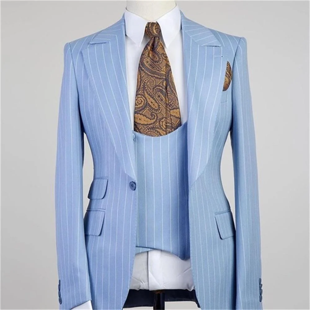 Chic Blue Stripe Peaked Lapel Three Pieces Men Suits - Image 2