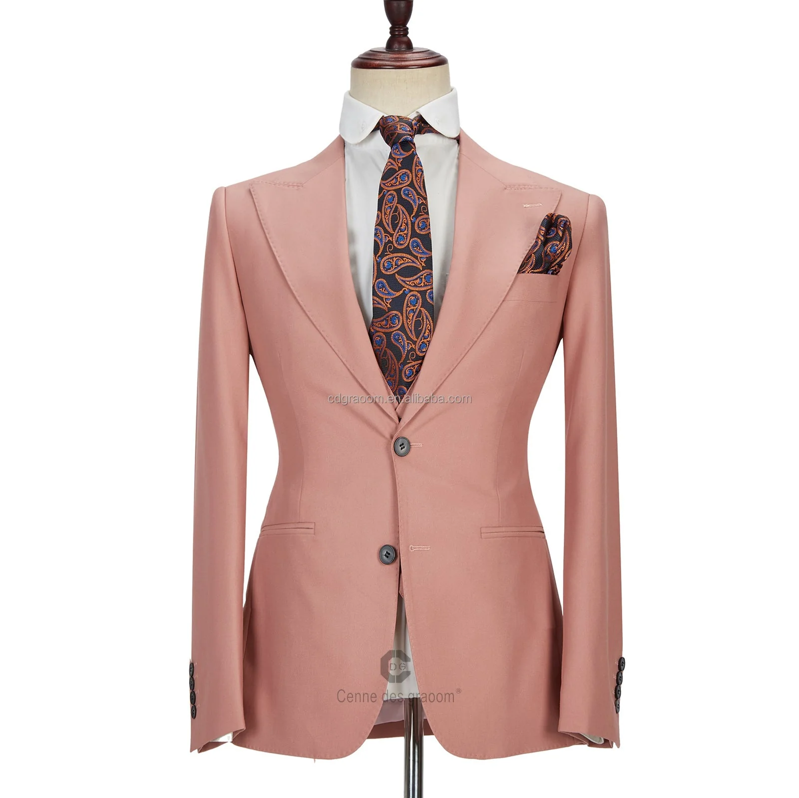 3 Piece Coral Pink Two Buttons Peak Lapel Classic Men's Suit - Image 4