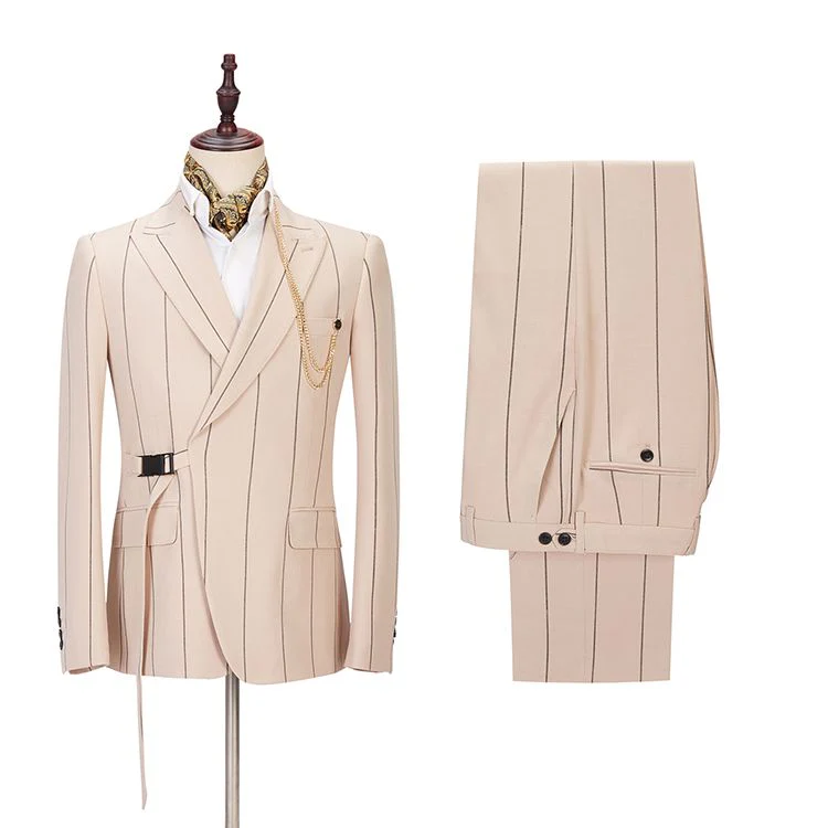 Light Champagne Designer Striped Peaked Lapel Men's Prom Suits - Image 2