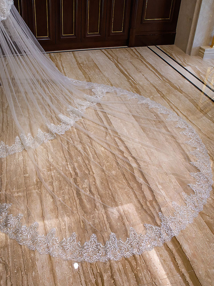 Ivory 2 Tier Long Cathedral Waterfall Lace Applique Wedding Veils - Image 3