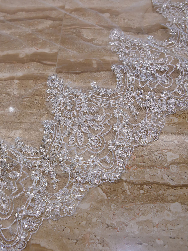 Ivory 2 Tier Long Cathedral Waterfall Lace Applique Wedding Veils - Image 4