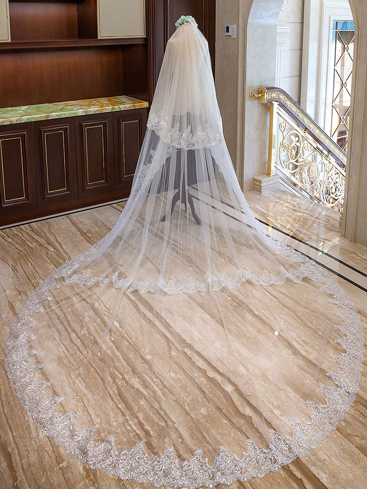 Ivory 2 Tier Long Cathedral Waterfall Lace Applique Wedding Veils - Image 5