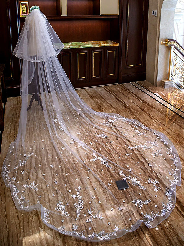 Ivory Cathedral Waterfall Lace Applique 2 Tier Long Wedding Veils - Image 2