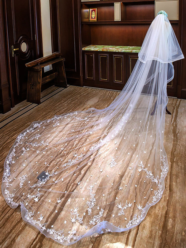 Ivory Cathedral Waterfall Lace Applique 2 Tier Long Wedding Veils - Image 3