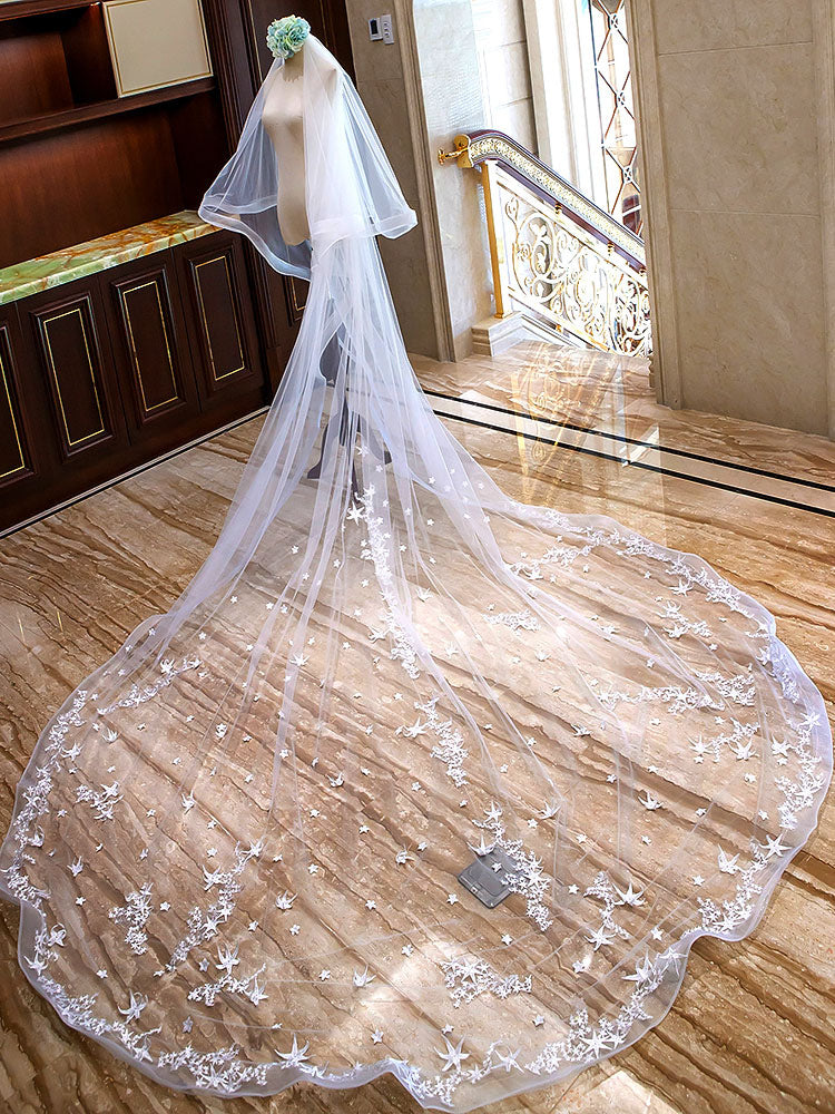 Ivory Cathedral Waterfall Lace Applique 2 Tier Long Wedding Veils - Image 4