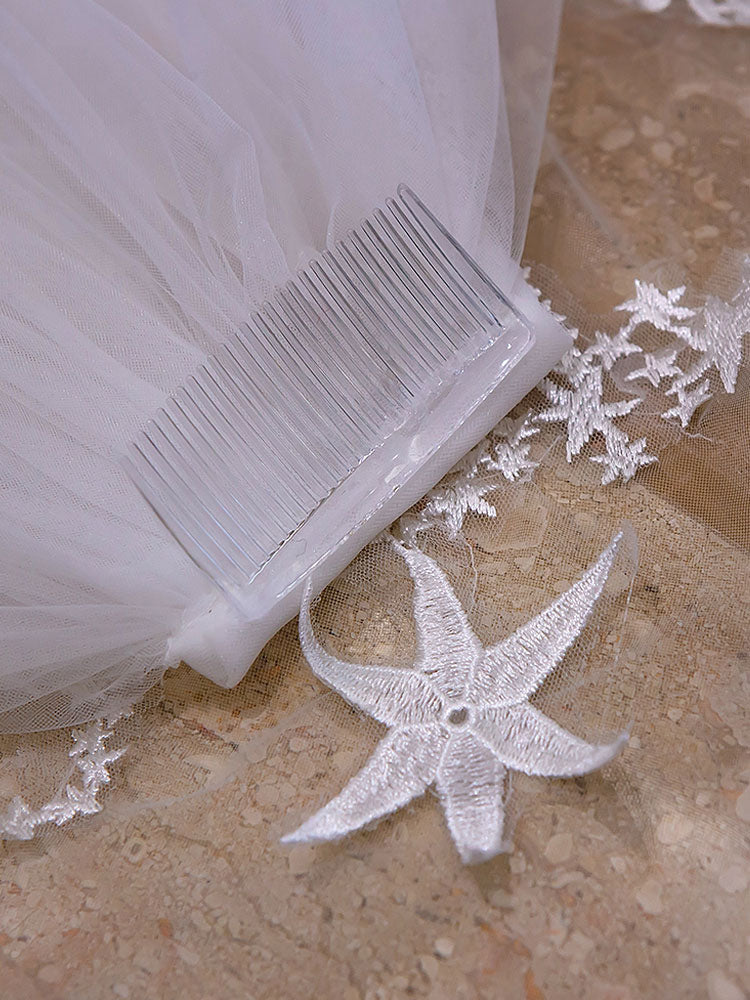 Ivory Cathedral Waterfall Lace Applique 2 Tier Long Wedding Veils - Image 5