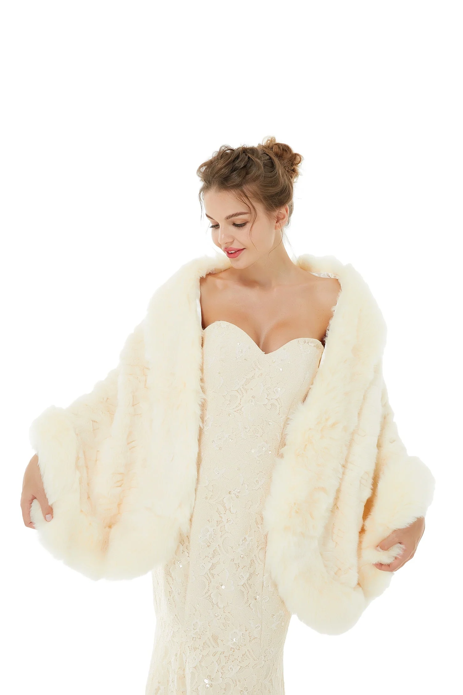 Ivory Faux Fur Wedding Shawl For Bride - Image 4