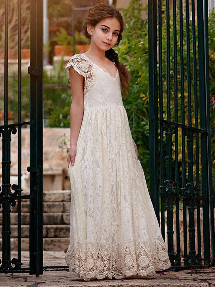 Ivory Jewel Neck Lace Short Sleeves Floor-Length A-Line Lace Kids Social Party Dresses - Image 3