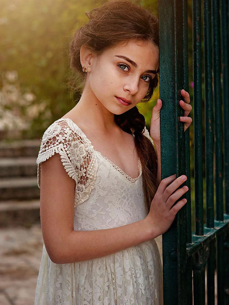 Ivory Jewel Neck Lace Short Sleeves Floor-Length A-Line Lace Kids Social Party Dresses - Image 4