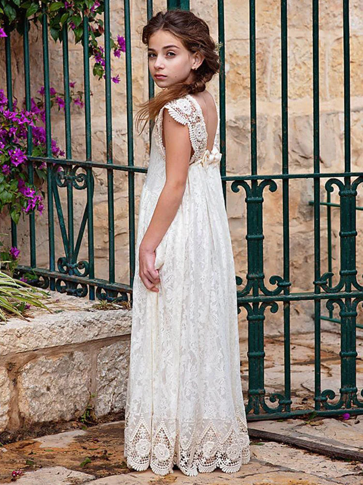 Ivory Jewel Neck Lace Short Sleeves Floor-Length A-Line Lace Kids Social Party Dresses - Image 5