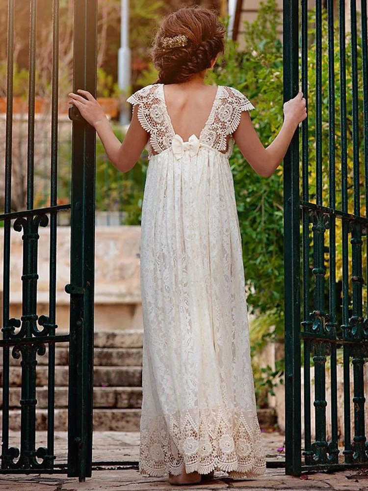 Ivory Jewel Neck Lace Short Sleeves Floor-Length A-Line Lace Kids Social Party Dresses - Image 6