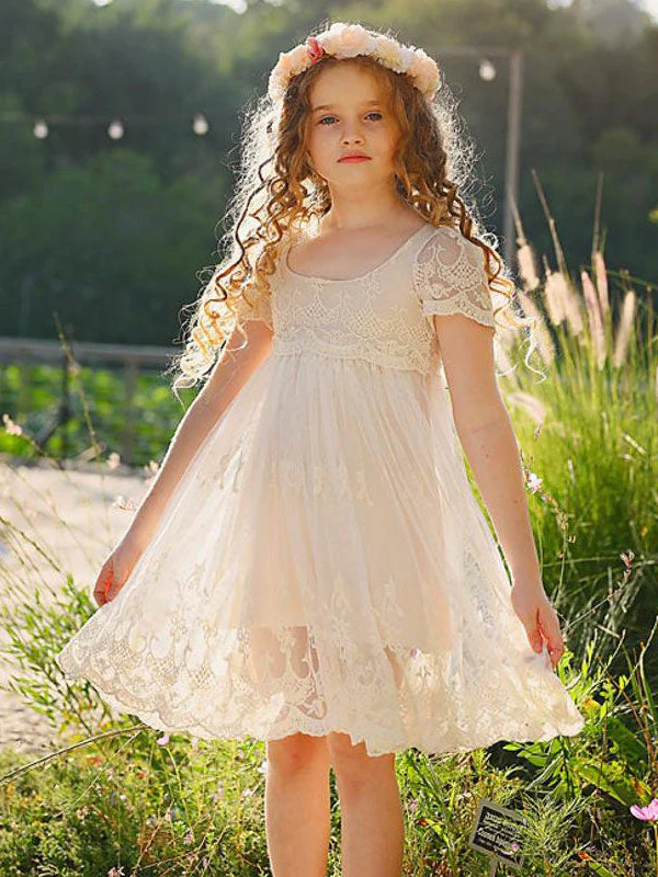 Ivory Jewel Neck Short Sleeves Lace Formal Kids Pageant flower girl dresses - Image 3
