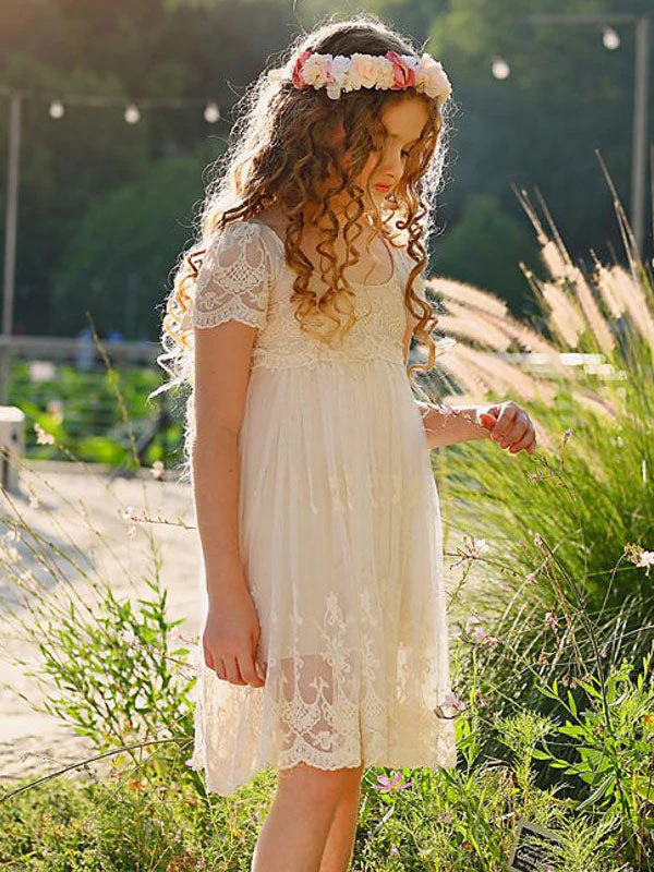 Ivory Jewel Neck Short Sleeves Lace Formal Kids Pageant flower girl dresses - Image 4