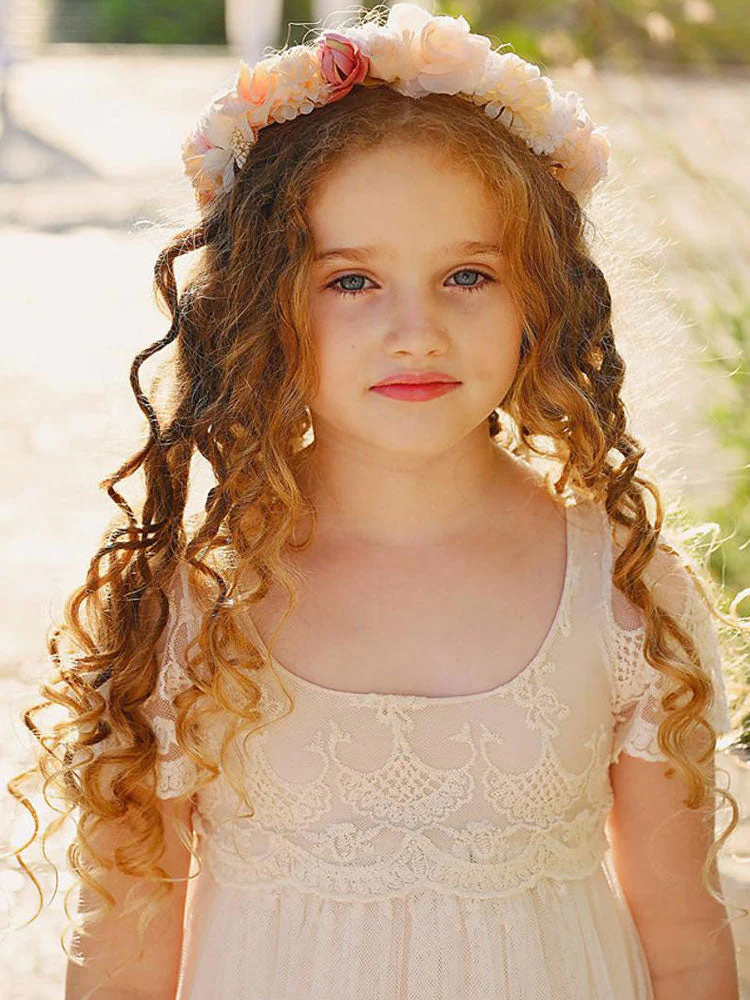 Ivory Jewel Neck Short Sleeves Lace Formal Kids Pageant flower girl dresses - Image 5