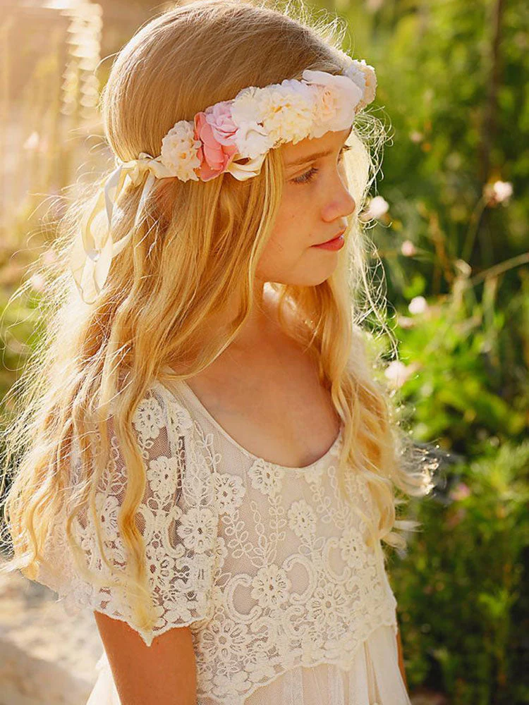 Ivory Jewel Neck Short Sleeves Lace Formal Kids Pageant flower girl dresses - Image 6
