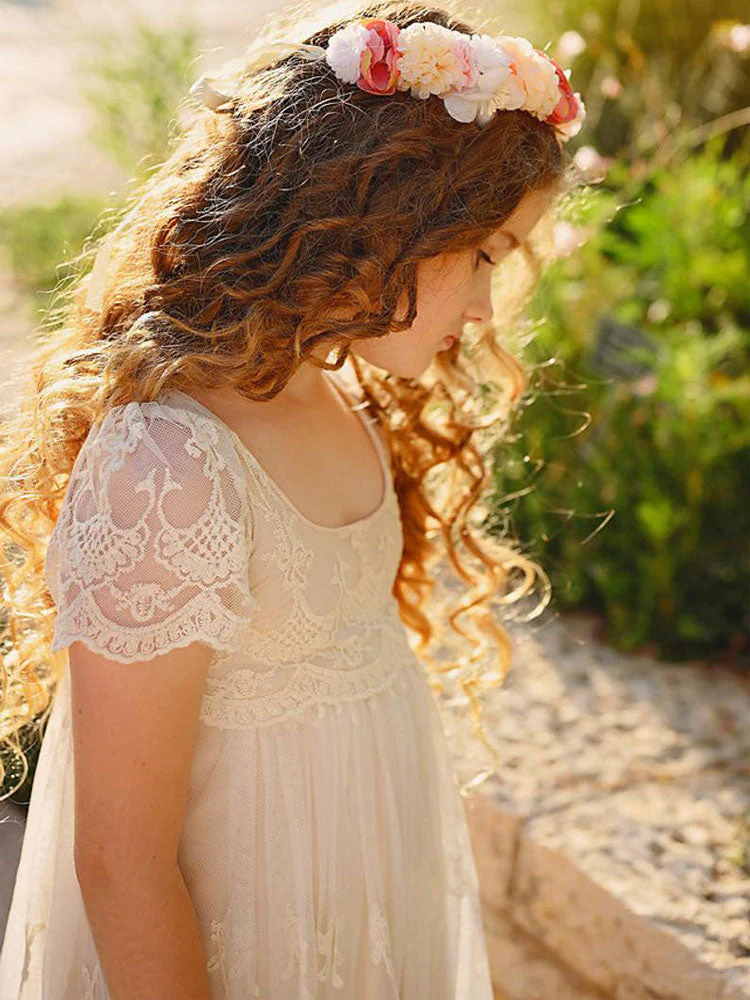 Ivory Jewel Neck Short Sleeves Lace Formal Kids Pageant flower girl dresses - Image 7