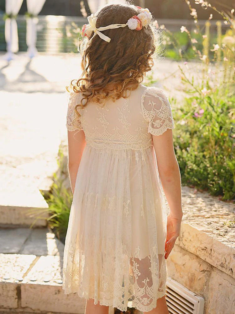 Ivory Jewel Neck Short Sleeves Lace Formal Kids Pageant flower girl dresses - Image 8