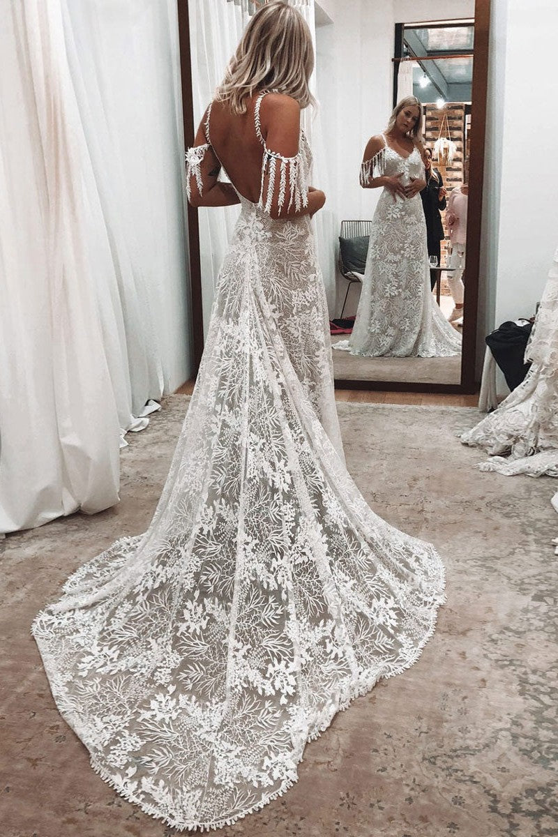 Ivory Lace Sexy Backless Wedding Dress With Train A-Line Sleeveless Chic V-Neck Bridal Gowns - Image 3