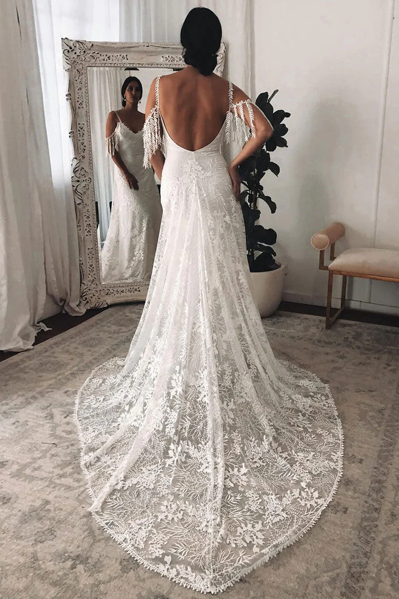 Ivory Lace Sexy Backless Wedding Dress With Train A-Line Sleeveless Chic V-Neck Bridal Gowns - Image 4