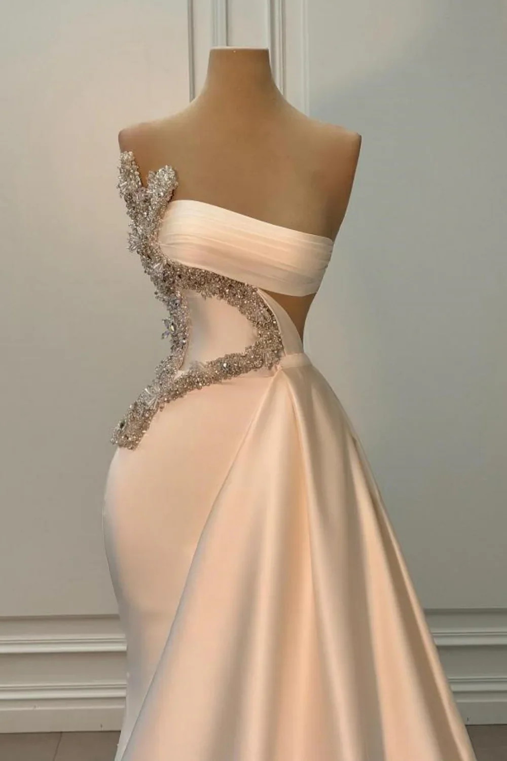 Ivory One shoulder Ivory Satin Silver Beaded Mermaid Prom Dresses - Image 2